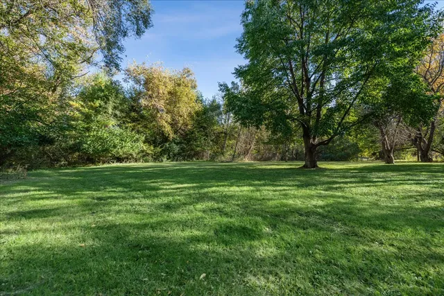 a view of grassy field with benches