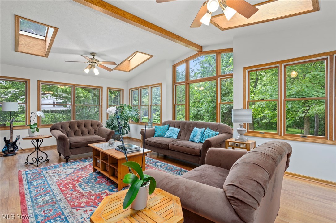 4694 Ranchwood Road Akron, OH 44333 - Photo 18 of 44 Living room with a skylight, a ceiling fan, plenty of natural light, and wood finished floors