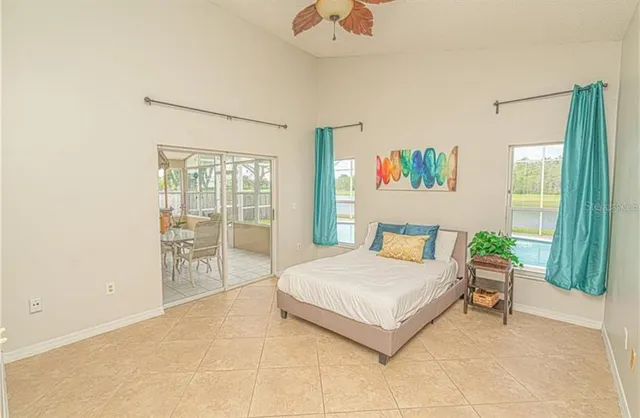 a bedroom with a bed and a table in it