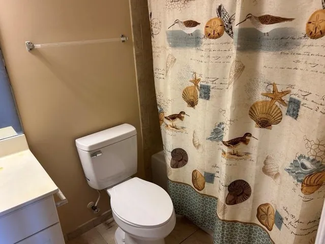a white toilet sitting next to a shower curtain