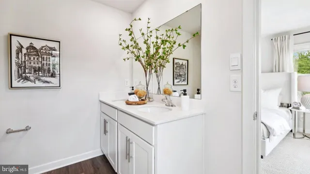 a bathroom with a sink a mirror and a shower