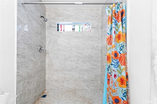 a close up of a shower curtain