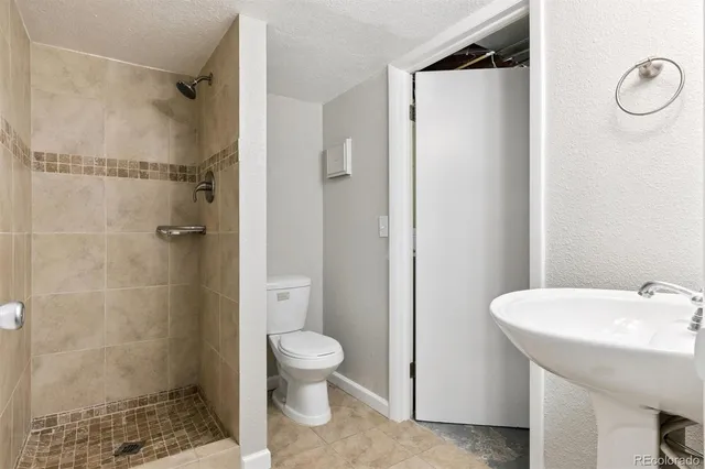 a bathroom with a shower and a toilet