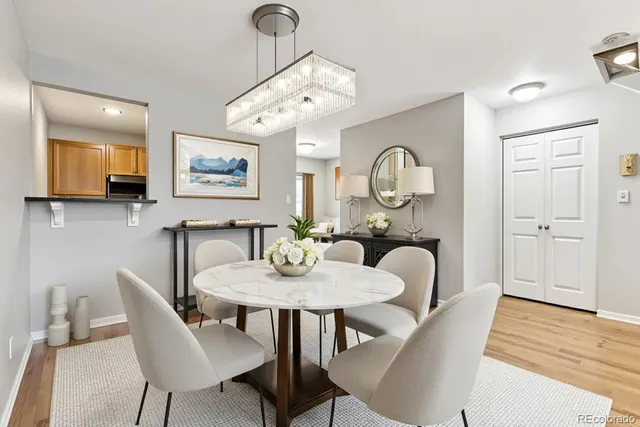 a view of a dining room with furniture and wooden floor
