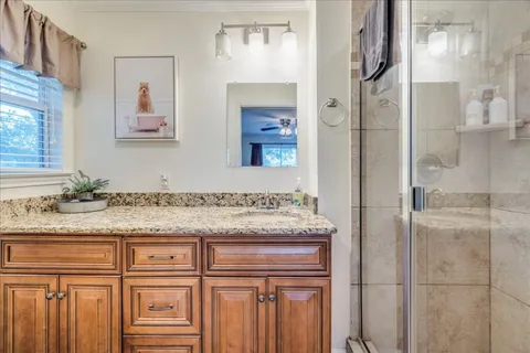 a bathroom with a granite countertop shower sink and mirror