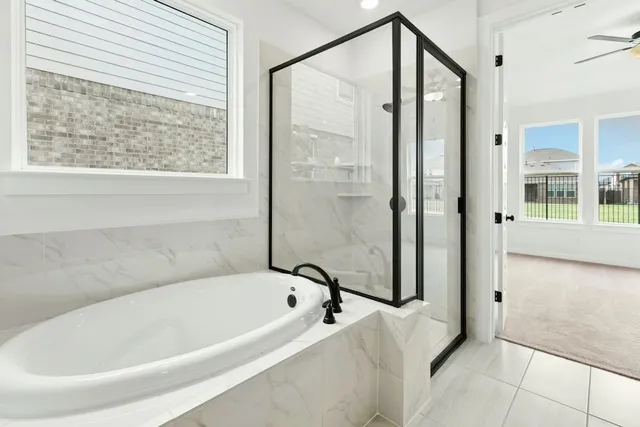 a bathroom with a bathtub and a shower