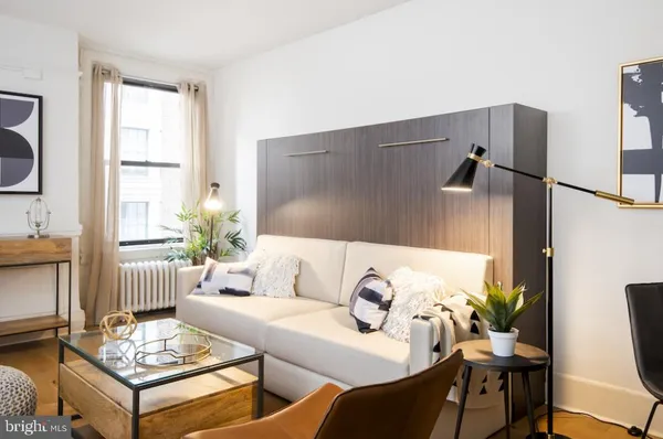 a living room with furniture and a potted plant