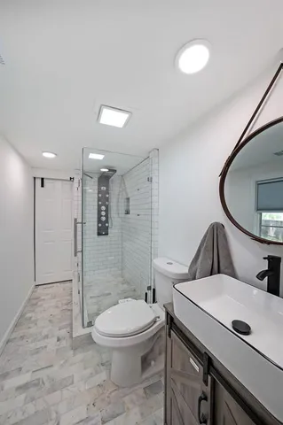 a bathroom with a toilet a sink and mirror