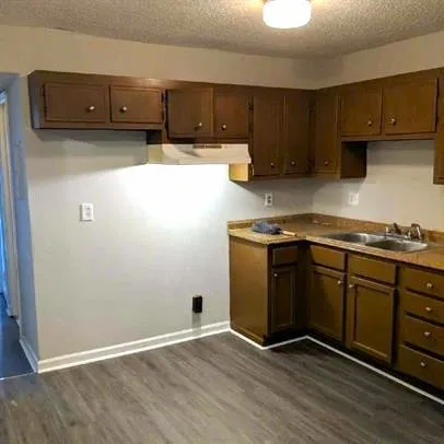 a kitchen with wooden cabinets and a sink