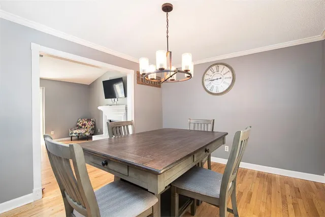 a view of a dining room furniture and wooden floor