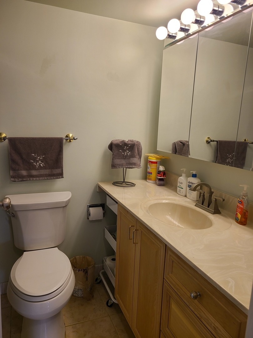 8359 West Addison Street, Unit 201 Chicago, IL 60634 - Photo 15 of 22 a bathroom with a granite countertop toilet sink and mirror
