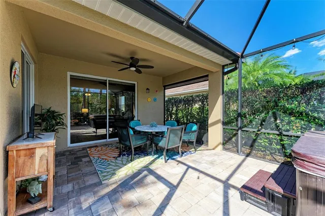 an aerial view of a swimming pool and outdoor space