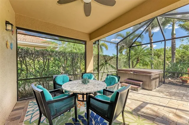 a view of a swimming pool with a garden