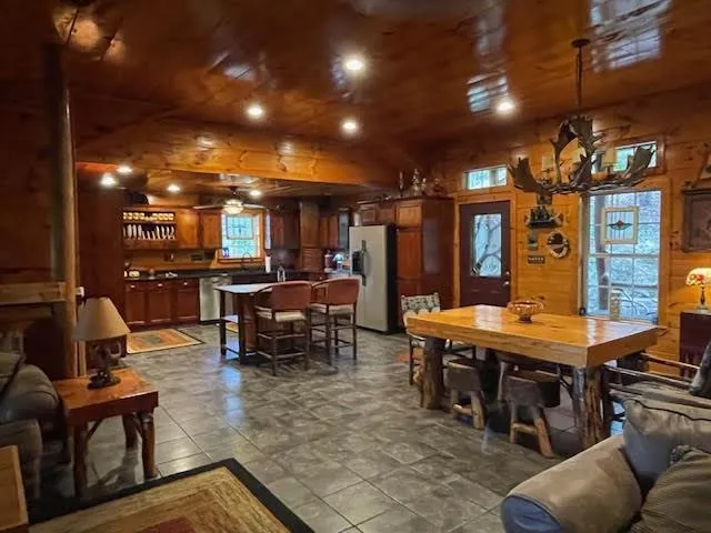 a view of a dining room with furniture