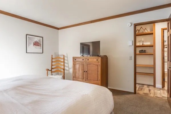 a bedroom with a bed and a television