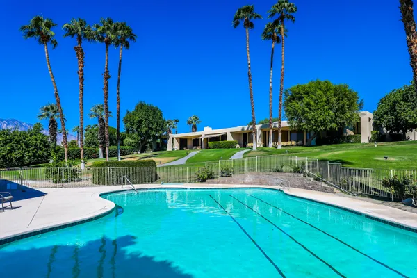 a view of a swimming pool with a yard and potted plants