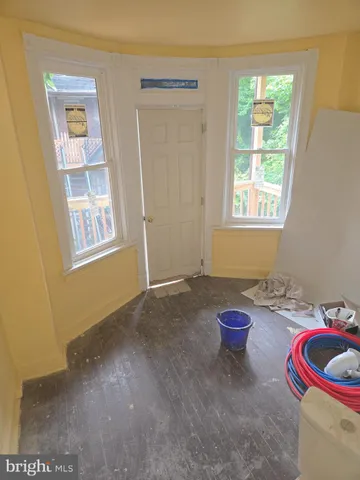 a bath room with a window