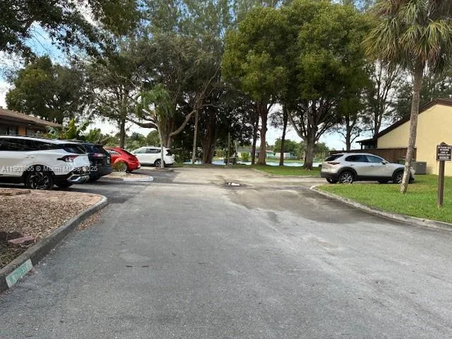 a view of a park with large trees