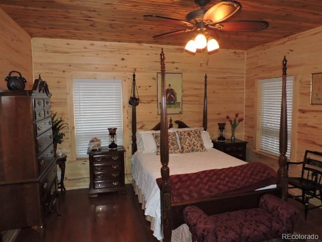 2137 Riccardo Lane Fort Garland, CO 81133 - Photo 13 of 50 a bedroom with a bed dresser and a chandelier