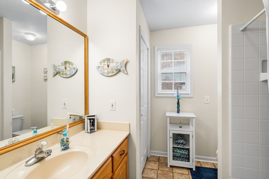 251 Rivers Edge Drive Hayesville, NC 28904 - Photo 25 of 45 a bathroom with a sink and a mirror