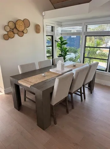 a view of a dining table and chairs in a room