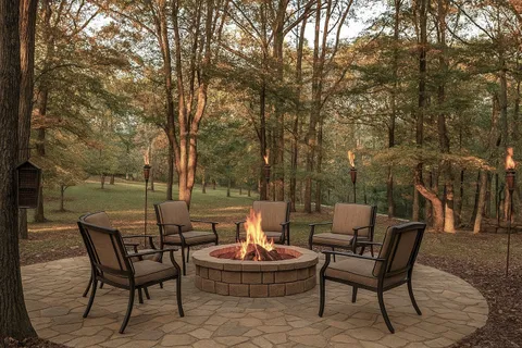 a backyard of a house with table and chairs
