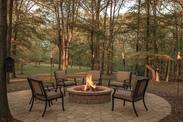 a backyard of a house with table and chairs
