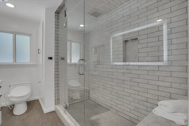 a bathroom with a toilet and a shower