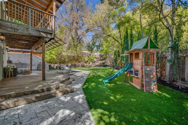 a view of a backyard with wooden fence and a large tree