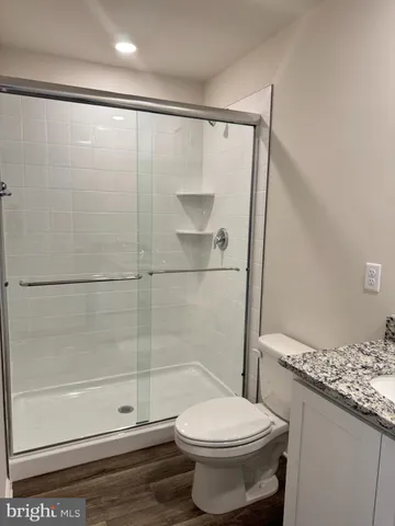 a bathroom with a shower and a toilet