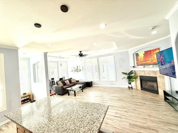 a living room with furniture and a fireplace