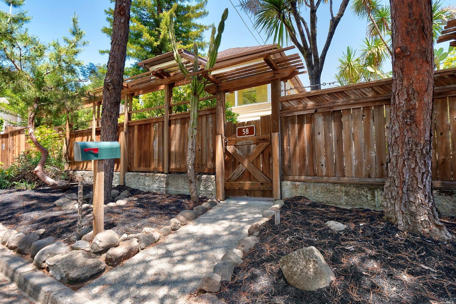 a view of a backyard with large trees and a small yard