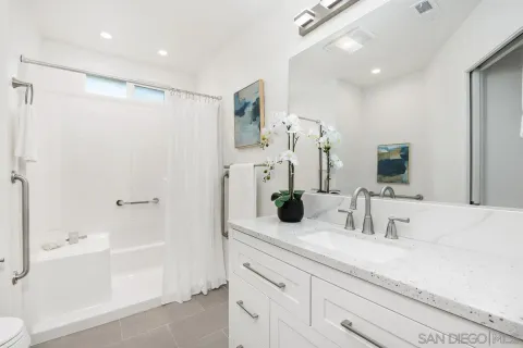 a bathroom with a double vanity sink mirror and shower