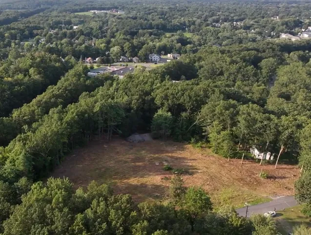 an aerial view of a houses with yard and green space