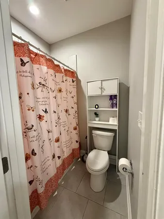 a white toilet sitting next to a shower curtain