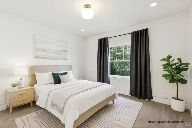a bedroom with a bed and a potted plant