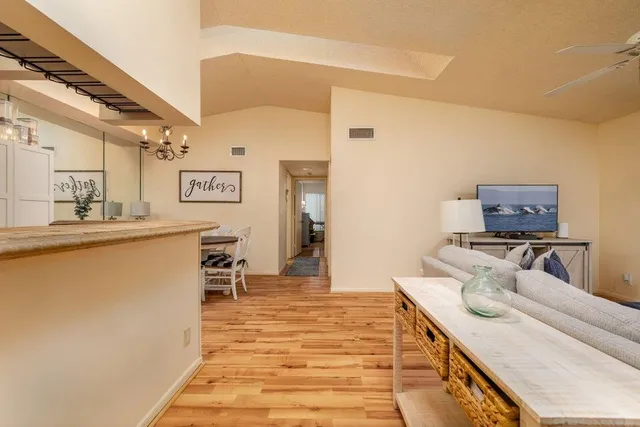 a room with storage and a table