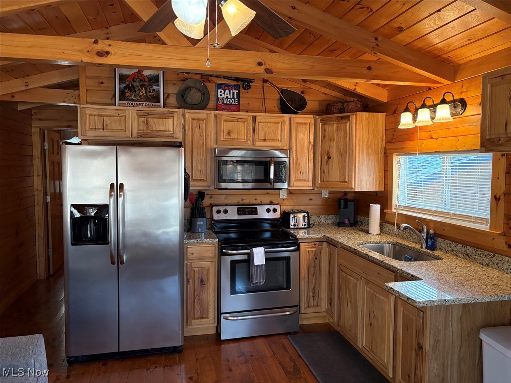 5919 Lake Road West, Unit 15 Ashtabula, OH 44004 - Photo 9 of 26 Kitchen with wood walls, stainless steel appliances, light stone countertops, wooden ceiling, and dark wood-type flooring