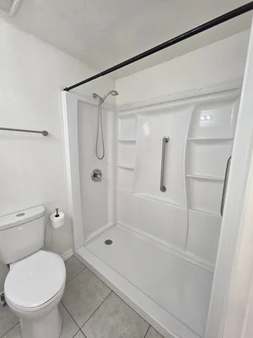 a bathroom with a shower and a toilet