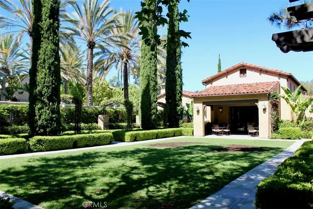 a garden view with a seating space