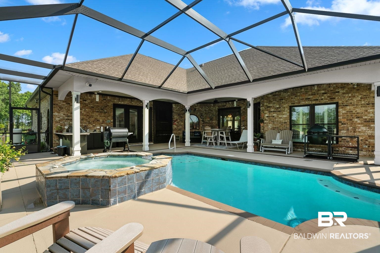 23357 Carnoustie Drive Foley, AL 36535 - Photo 25 of 99 View of swimming pool featuring a patio, glass enclosure, a pool with connected hot tub, and a ceiling fan