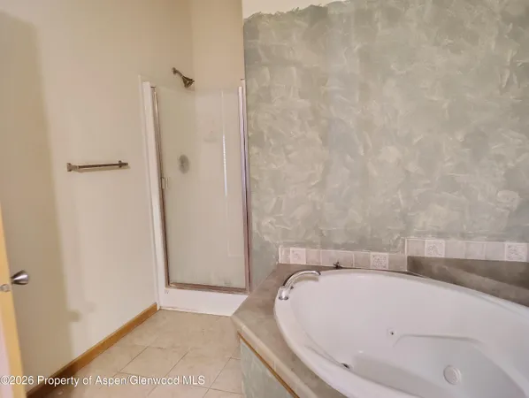 a bathroom with a white bath tub and a shower