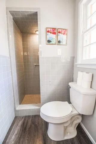 a bathroom with a toilet and a shower