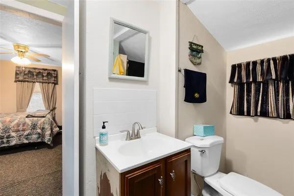 a bathroom with a sink toilet and mirror