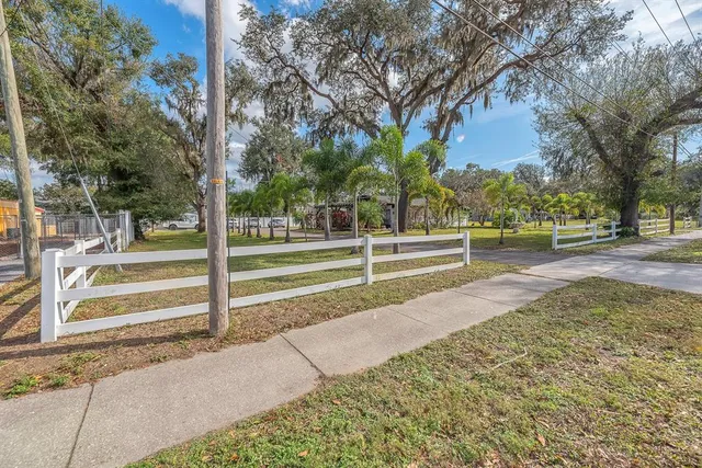 a view of a yard with flower plants