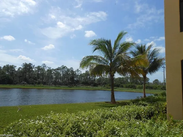 a view of a lake with a yard