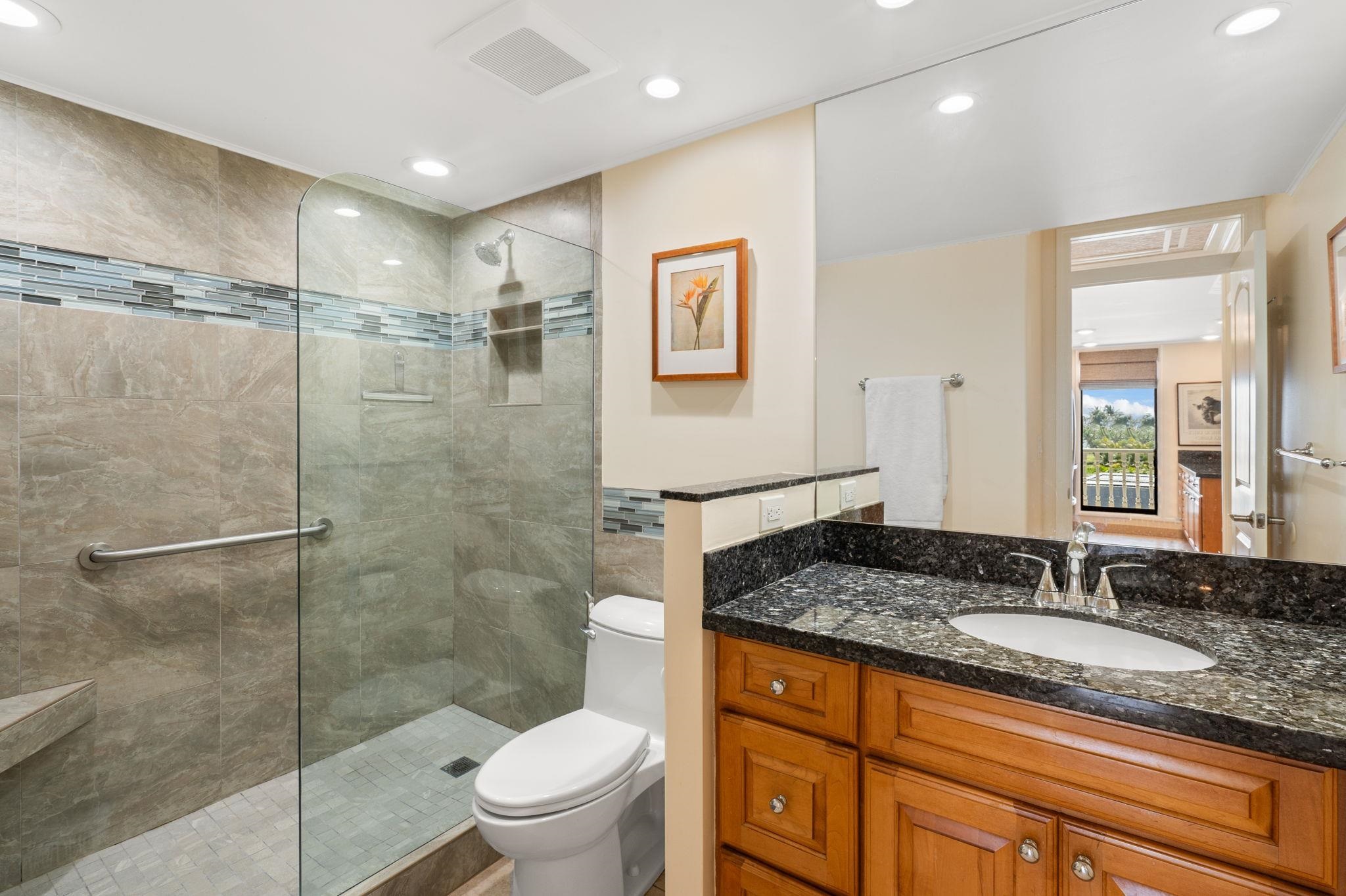475 Front Street, Unit 402 Lahaina, HI 96761 - Photo 23 of 34 a bathroom with a granite countertop sink a toilet and shower
