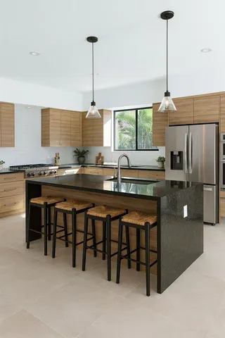 a kitchen with stainless steel appliances granite countertop a sink a stove and a refrigerator
