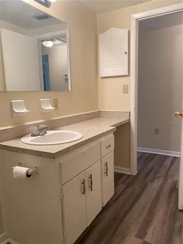 a bathroom with a sink and a mirror