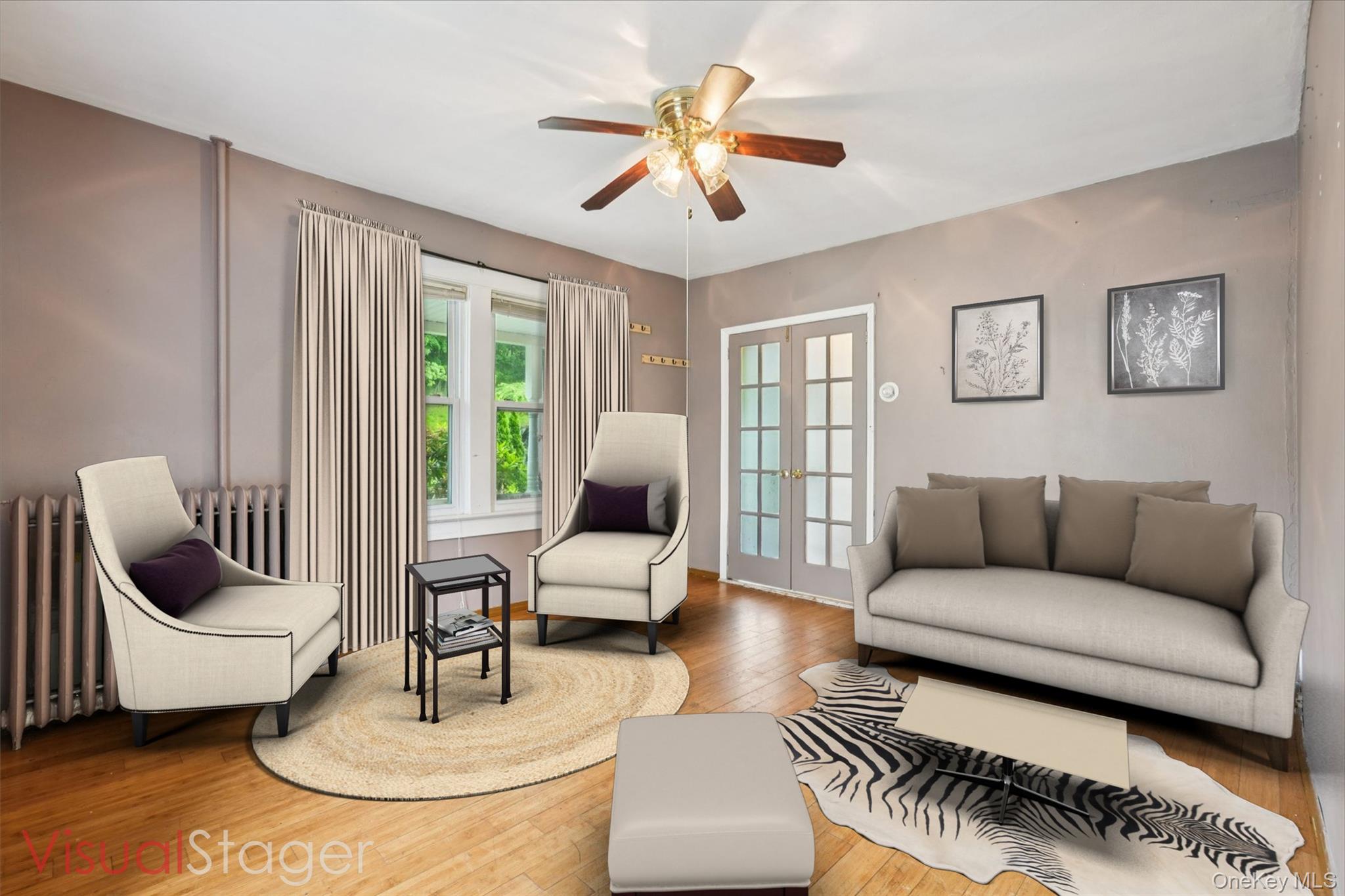 334 Union Avenue Peekskill, NY 10566 - Photo 3 of 20 Living room with a ceiling fan, radiator heating unit, and french doors
